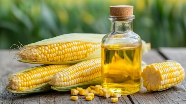 Fresh corn cobs with a glass bottle of corn oil on a light surface