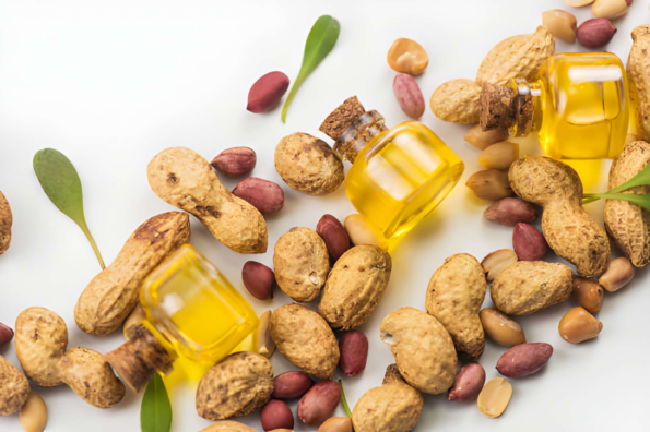 Golden groundnut oil bottles surrounded by fresh peanuts and leaves, promoting natural skin and hair health.