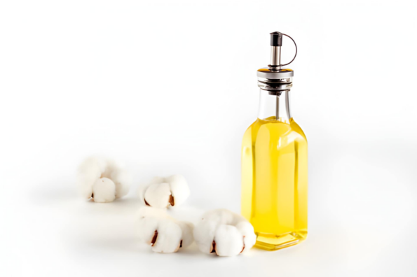 atural cottonseed oil beside cotton bolls.