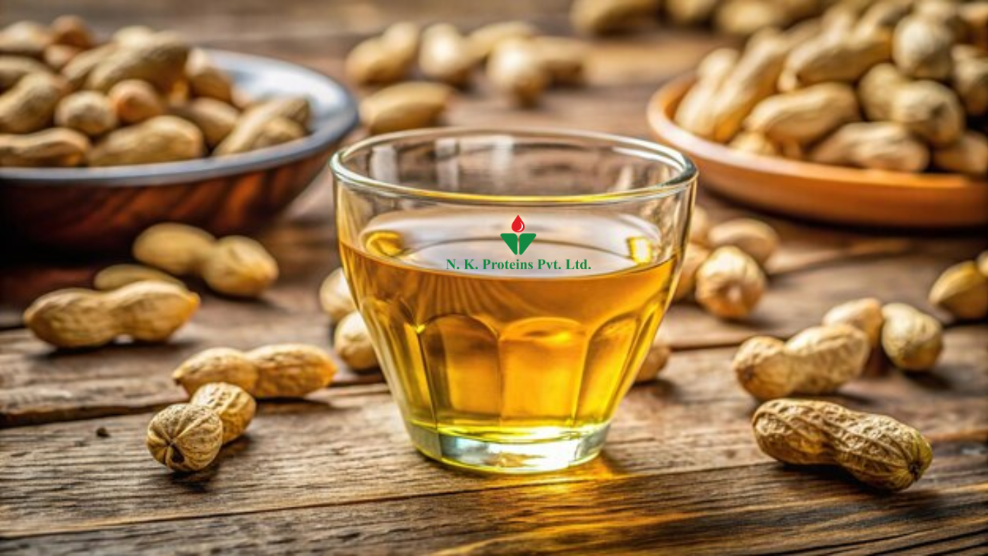 Glass of groundnut oil surrounded by peanuts on a wooden table