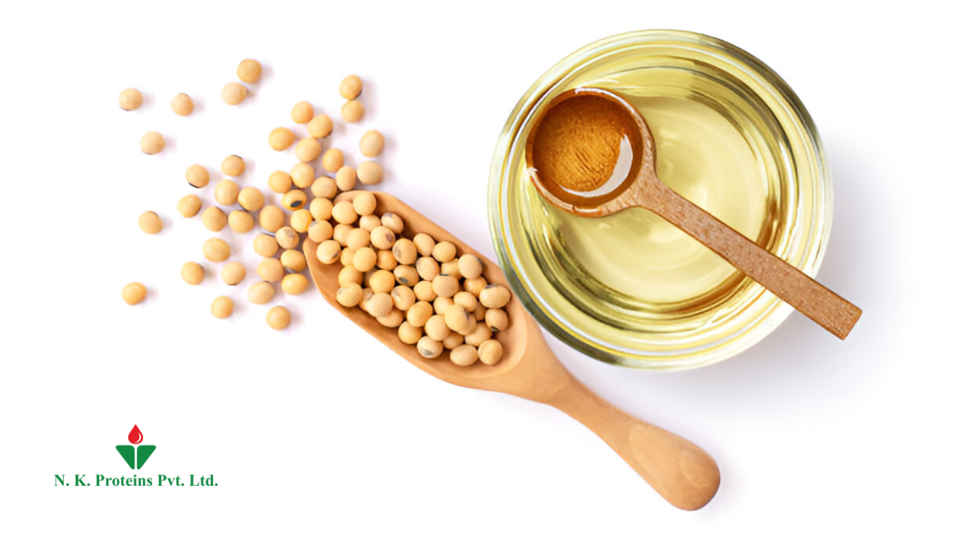 Soyabeans in a wooden spoon with scattered beans beside a glass bowl of soybean oil and a small wooden ladle, representing edible oil.